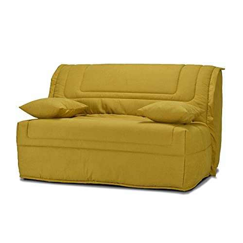 Meubletmoi Banquette lit BZ 140x190 cm avec Housse en Tissu Jaune Matelas Bultex® épaisseur 12 cm et 2 Coussins déco – Buzzy