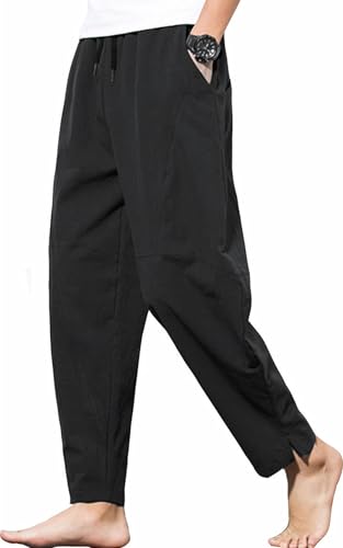Men's Casual Cotton Linen Pants Elastic Waist Drawstring Beach Summer Lightweight Trousers3