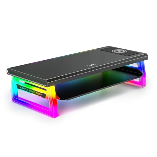 Image of CLAW Dock Pro T9 Monitor & Laptop Stand with 15W Wireless Charging, USB-C PD Input, Fast Charge USB-C & USB-A, Dual USB 3.0 Ports, Headphone /Mic Ports, 10 RGB Modes Metal Build, 30kg Load, Drawer for office, home and gaming use