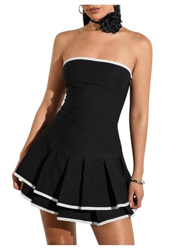 Floerns Women's Contrast Binding Tube Tops Dress Pleated Tiered Party A Line Dresses Black Medium