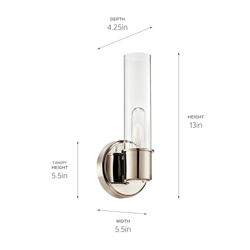 Image of Kichler Aviv 1-Light Wall Sconce, Modern Light with Clear Glass in Polished Nickel, for Bedroom, Laundry Room, Kitchen or Hallway (13 inch x 5.5 inch), 52653PN