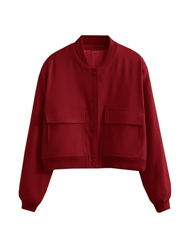 Megfie Womens Cropped Bomber Jacket Button Down Varsity Jackets Shackets with Pockets