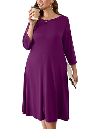 Image of AusLook Women's Plus Midi Dresses Crew Neck A Line 3 /4 Sleeves Casual Elegant Loose Wedding Vacation Dress with Pockets