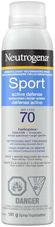 Neutrogena Sport Active Defense SPF 70 Sunscreen Spray, Sweat & Water Resistant Spray Sunscreen with Broad Spectrum UVA/UVB Sun Protection for Sunburn Prevention, Oxybenzone-Free, 141g