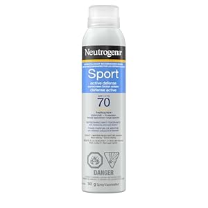 Neutrogena Sport Active Defense SPF 70 Sunscreen Spray, Sweat & Water Resistant Spray Sunscreen with Broad Spectrum UVA/UVB Sun Protection for Sunburn Prevention, Oxybenzone-Free, 141g