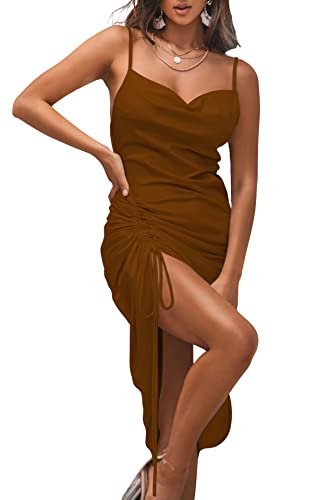 Image of LYANER Women's Satin Spaghetti Straps Cowl Neck Sexy Ruch Cocktail Midi Dresses
