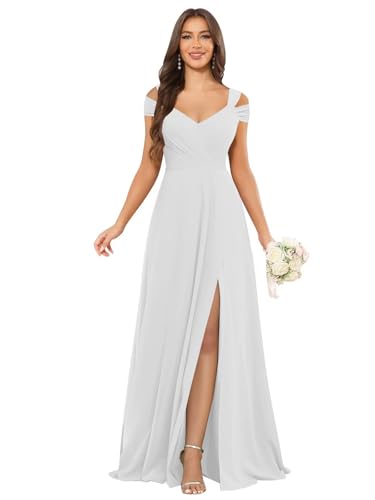 Image of petyoo Off Shoulder Chiffon Bridesmaid Dresses with Slit Long Formal Evening Dress