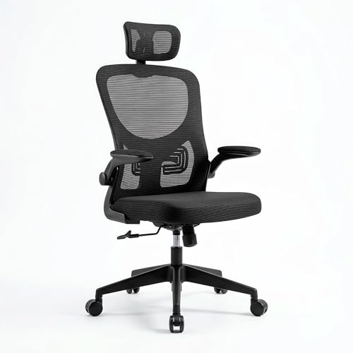 Silla de Oficina Ergonómica con Reposacabezas Ajustable, Soporte Lumbar y Malla Transpirable, Silla Escritorio con Reposabrazos, Altura Regulable y Base Giratoria con Ruedas, Silla Gaming Negra