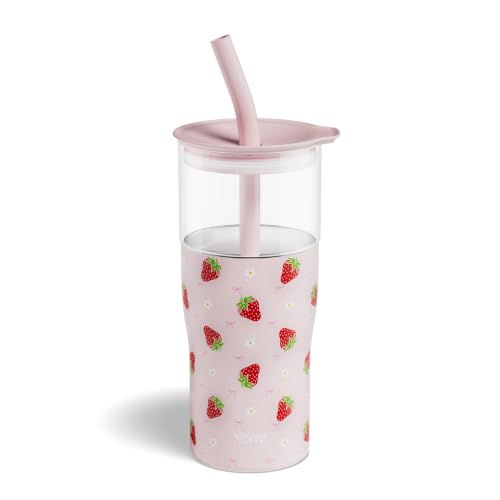 Image of YOME 20oz Strawberry Pink Insulated Glass Tumbler with Lid & Straw for Women Gift | Stainless Steel Iced Coffee Cup | Keep Drinks Cold |Cupholder Friendly |Ideal for Iced Coffee, Smoothies & Boba
