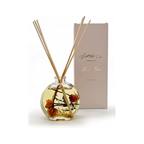 Nikita Glass Botanical Reed Diffuser - Essential Oil Air Freshener - Rose or Lavender Scents - Dried Flowers and Wooden Reed Room Diffusers - Reed Diffusers for Home Fragrance (Red Rose) Cover
