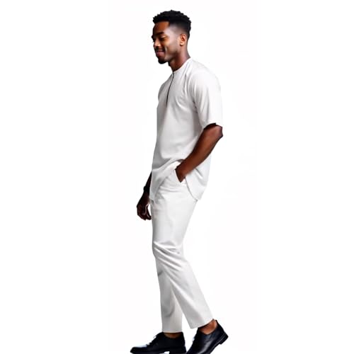 DBQ Men's 2 Pieces Cotton Embroidery Short Sleeve Shirts and Pants Set African Clothes with Pockets4