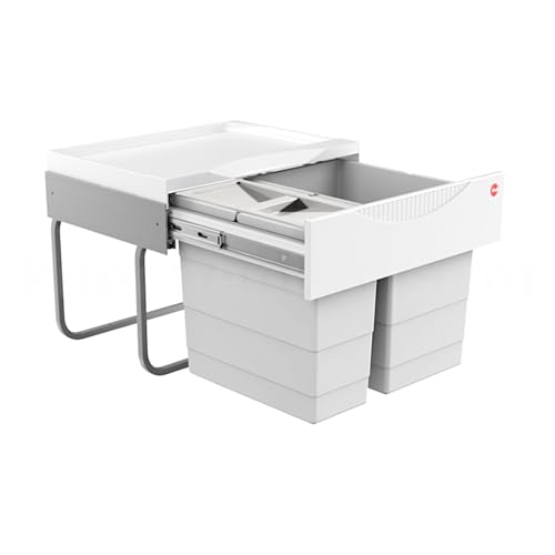 Hailo Abfallsammler 3644702 | Raumspar-Tandem-S | 30L Einbau-Mülleimer | 2-fach Trennung 18 + 12 Liter mit Eimerdeckel | Vollauszug per Hand | Für Spülenunterschränke ab 50 cm | Stabile Metallführung