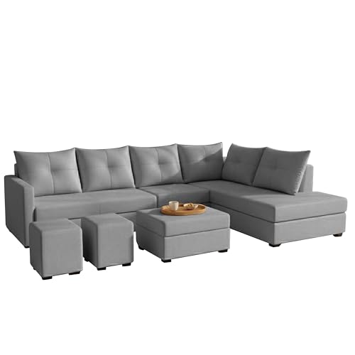 Image of Wood 8 Seater Sofa Set with Ottoman & Stools | Velvet Fabric Upholstery | Modern L Shape Wooden Frame Couch for Living Room, Home & Office (Grey)