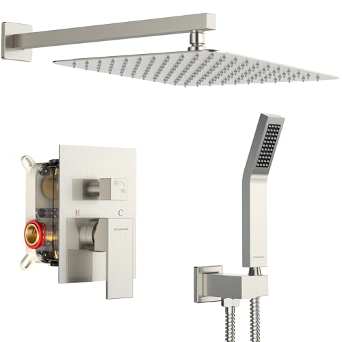 SR SUN RISE 12 Inches Bathroom Luxury Rain Mixer Shower Combo Set Wall Mounted Rainfall Shower Head System Brushed Nickel Finish Shower Faucet Rough-In