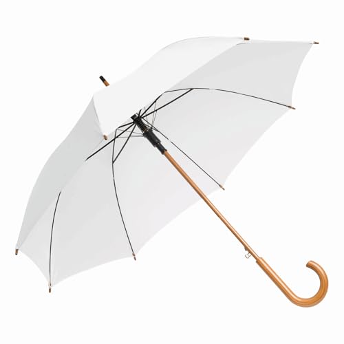 Preiswert&Gut Stockschirm Groß Ø103cm Damen & Herren Holzstange - Holzgriff - Regenschirm Automatik - Stockschirm mit Stocklänge 89cm -Weiß