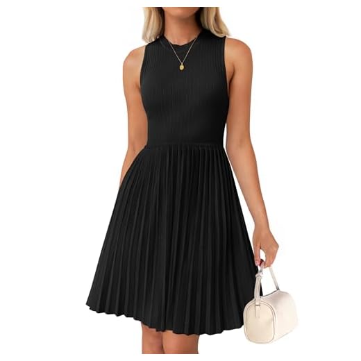 ZESICA Women's Summer Sleeveless Mini Dress 2025 Crewneck Knit A Line Pleated Swing Casual Basic Short Dress,Black,Large