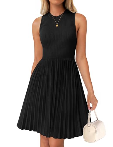 ZESICA Women's Summer Sleeveless Mini Dress 2025 Crewneck Knit A Line Pleated Swing Casual Basic Short Dress