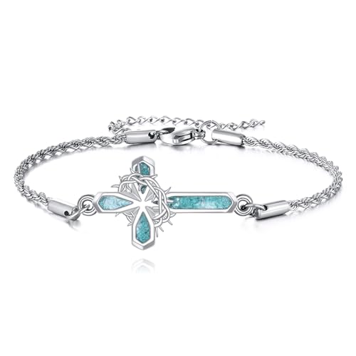 YAFEINI Crown of Thorns Bracelet Sterling Silver Catholic Cross Bracelet Thorns Crown Catholic Jewelry for Men