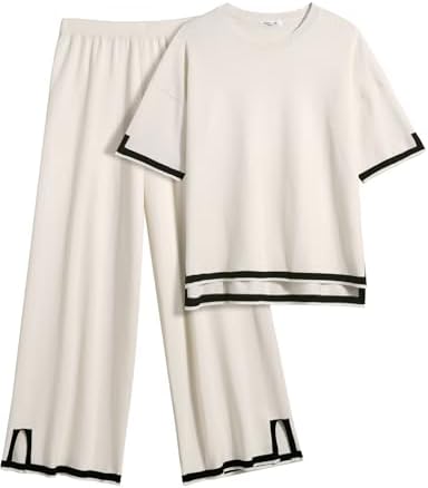 Ekouaer Lounge Set for Women Travel Outfits 2 Piece Sets Short Sleeve Sweater Top Wide Leg Long Pants Loungewear