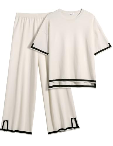 Ekouaer Lounge Set for Women Travel Outfits 2 Piece Sets Short Sleeve Sweater Top Wide Leg Long Pants Loungewear