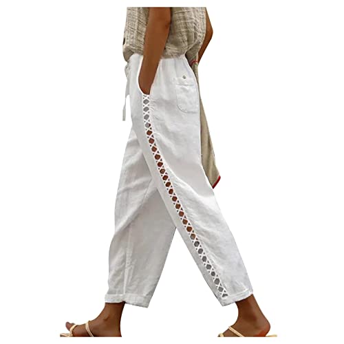 Women's Linen Capri Pants with Drawstring Petite Summer Casual Lace Hollow Out Straight Leg Elastic Waist Pants