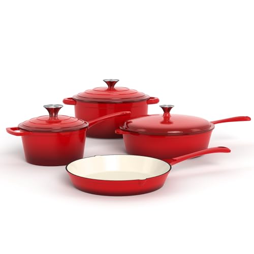 Kitchen Academy, Gusseisen Topf, 7-teiliges Set mit Dutch Ovens, Emailliertes Gusseisen-Kochgeschirr, Soßenpfanne, Pfanne, 3 Deckeln, Dutch Oven Set, Töpfe und Pfannen Set Antihaft, Rot