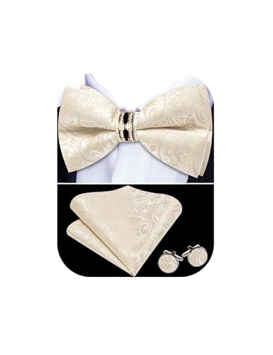 Image of YOHOWA Mens Bow Tie Set Paisley Pre-tied Bowties Adjustable with Handkerchief Cufflinks Gold Ring Set Wedding Prom Party