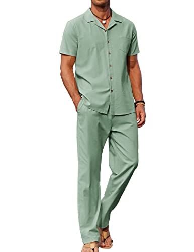 Image of COOFANDY Men 2 Piece Linen Outfit Beach Button Down Shirt Casual Loose Pant Sets