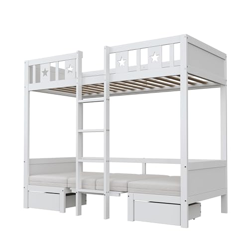 Platzsparendes Etagenbett für Kinder, Hochbett mit Flexibler Tisch und Holzsofa, Kinderbett mit Treppe und 2 Schubladen, 90x200cm Funktionsbett Stockbett Hochbett Jugendhochbett, Weiß, Ohne Matratze
