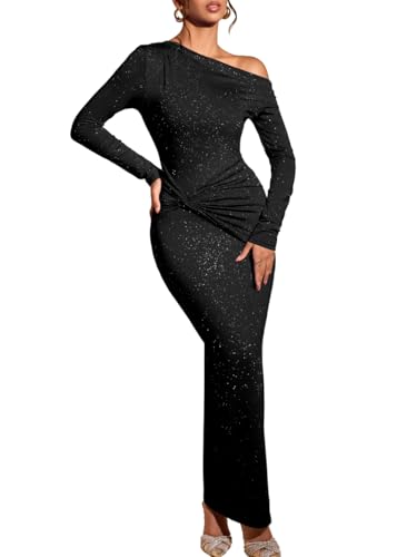 ChiaoLezhee Women's One Shoulder Off Bodycon Maxi Dress, Formal Elegant Ruched Sequin Long Sleeve Dresses, Evening Gowns for Gala Prom Wedding Guest Black Tie,Black,Small