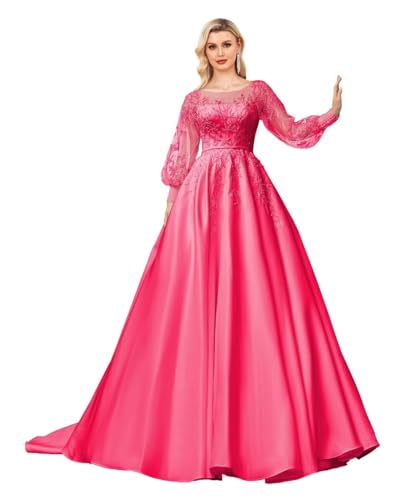 homdor Long Sleeve Prom Dresses Lace Applique Wedding Dress Satin Ball Gown A Line Formal Evening Gowns