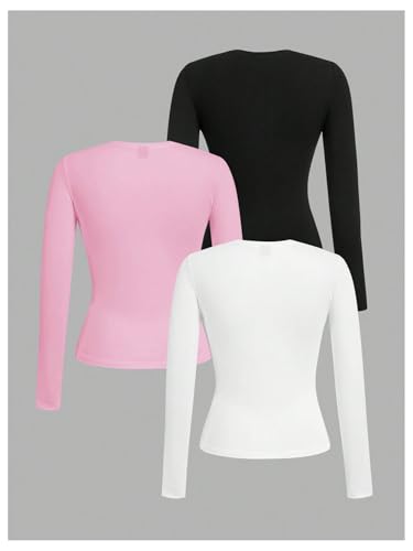 OYOANGLE Girl's Long Sleeve T Shirt 3 Pack Crew Neck Basic Fitted Tee Shirts Solid Fall Layering Tops2