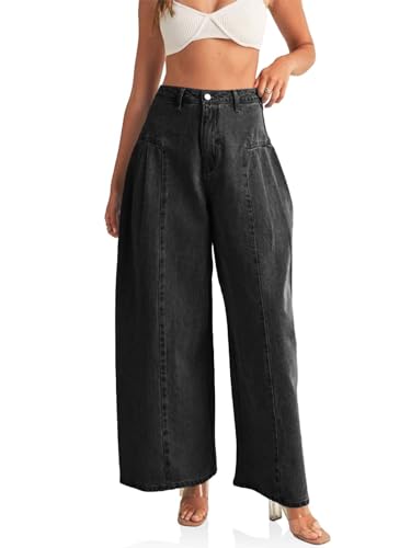 PLNOTME Womens Baggy High Waisted Jeans Loose Boyfriend Wide Leg Side Pleated Denim Pants