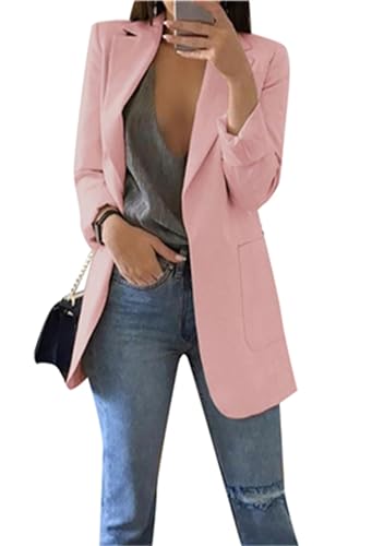 PUDANA Damen Plus Größe Leichte Lässige Blazer Offene Front Lange ärmel Arbeit Büro Jacken Blazer Rosa XXL
