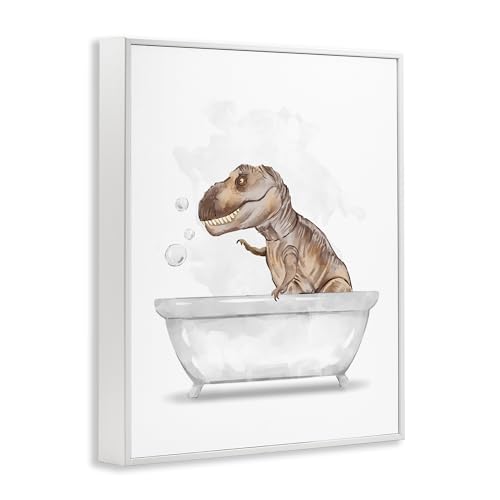 Image of T Rex Dino Bubble Bath Bathroom, 24 x 30 Inch Framed Giclee Print | Stupell Industries . By Ziwei Li . Ready to hang . Fun kids bathroom decor . Made in USA