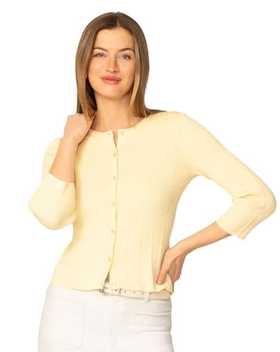 Image of Cable & Gauge 3 /4 Sleeve Cardigan for Women, Crew Neckline & Button Down Front, Stitch Detail