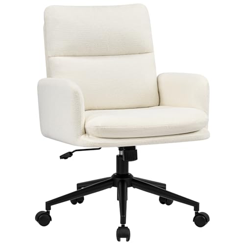 Image of Home Office Chair with Plush Curved Back Support, Wide Seat Computer Desk Chair with Rolling Wheels, Swivel Tilt & Height Adjustable, Soft Fabric Upholstery with Sturdy Metal Base, Ivory white
