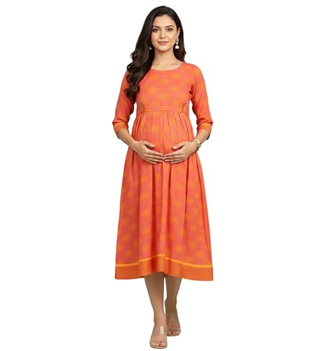 Image of DUMMY SHAPE Feeding Kurtis for Women Cotton Rayon | Orange Printed Pregnancy Flare Kurta with Nursing Zippers to Pre & Post Partum | Maternity Dresses | Gifts for Pregnant Woman (D-M-P051-XXXL)