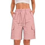 Wsndyjia Cargo Shorts Women UK, Ladies Bermuda Shorts Knee Length Wide Leg Drawstring Hiking Work Summer Casual Womens Cargo Shorts with Pockets (UK, Alpha, M, Regular, Regular, Pink)