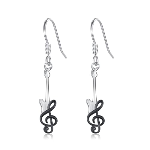 ZIPPICE Pendientes de plata de ley 925 con diseño de guitarra musical, pendientes colgantes de palanca, nota musical, guitarra, regalos para mujer, Plata de ley