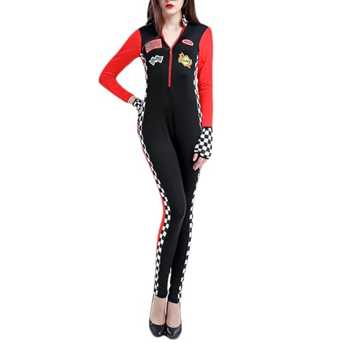 Feclmiyt Racer-Kostüm für Damen langärmelig Reißverschluss Patchwork Rennfahrer eng Overall Halloween Mottoparty Cosplay-Kostüm (A-Schwarz XL)