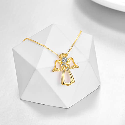 Kecho Guardian Angel Necklace 14K Yellow Gold Heart Crystal Angel Wings Pendant Necklace Mothers Day Gifts For Mom Daughter Women Girls Daughter Wife Girlfriend #TOP2