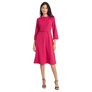 Maggy London Women’s Elegant A-line Midi Asymmetrical Neckline-3/4 Bell Sleeves-Bow Belt-Versatile Work Dresses