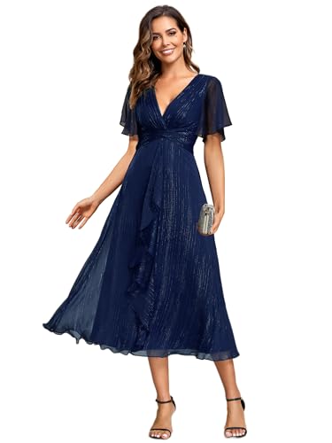 Ever-Pretty Women's Summer Glitter Knot Waist V Neck Ruffles Sleeves Pleated Wedding Guest Dress 02131