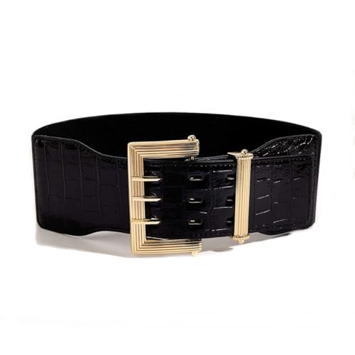 Women Wide Waist Belt Elastic Leather Belt with Gold Buckle Fashion Stretchy Waistband for Ladies Dress Waist Belt