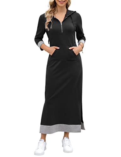 Image of MISSKY Women Casual Pocket Quarter-Zip Neck 3 /4 Sleeve Slim Split Pullover Hoodie Maxi Dress