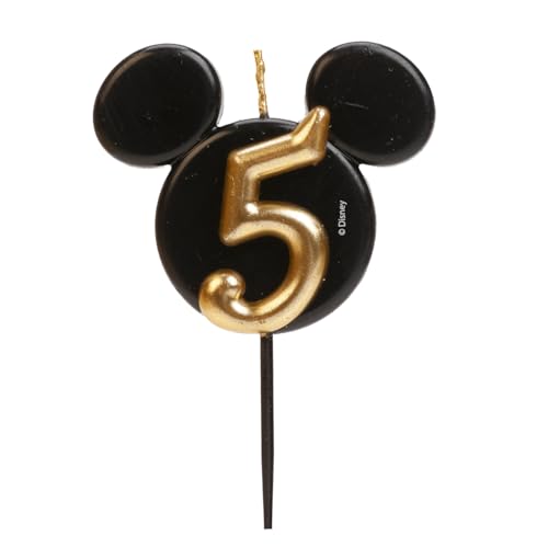 dekora - Vela de aniversário de Mickey Mouse - velas da Disney - cera de parafina sem fragrância, velas para crianças com orelhas de rato de Mickey Mouse preto e dourado, tamanho 8,5 cm - número 5
