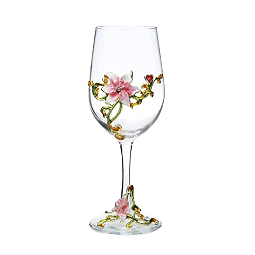 XUDREZ Handmade Painted Enamel Flower Gin Balloon Glass Wine Glass Birthday Gifts for Women Mum Friends Mothers Day, Lead-Free (Pink Lily)