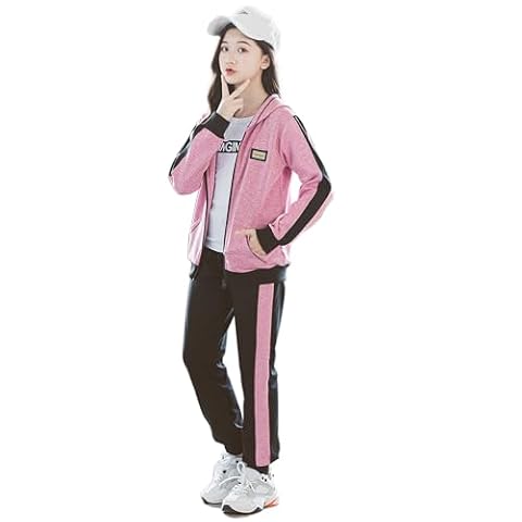 SXSHUN Dres treningowy dla dziewczynek, dres do joggingu, 2-częściowy/3-częściowy strój sportowy, kurtka sportowa, spodnie do biegania, bluza, Różowa czerwień, 3 szt, 134-140