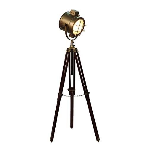 Image of Vintage Tripod Floor Lamp with Adjustable Spotlight Head | Brass & Wood Studio Floor Light for Living Room, Bedroom & Office - 52 Inches Tall (Vintage)